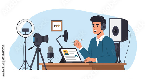 Man recording video with studio equipment.