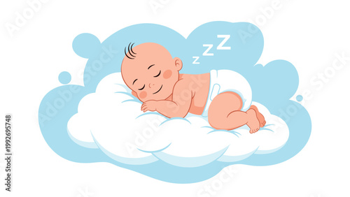 Peaceful baby is sleeping soundly on a soft white cloud in a blue sky, representing innocence, comfort, and sweet dreams.