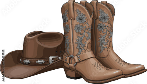 Western Cowboy Boots with Decorative Floral Pattern and Classic Hat in Detailed Style for Country Fashion, Rodeo Theme, Vintage Style, and Rustic Illustration Design