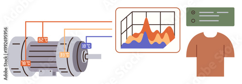 Industrial technology, performance monitoring, data analysis, IoT systems, energy management, smart manufacturing. Electric motor connected to sensors, data graph and control panel. Performance