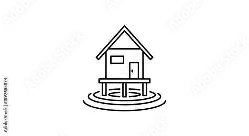 Stilt House Icon on Water, Simple Line Art, Minimalist Architecture, Eco-Friendly Living