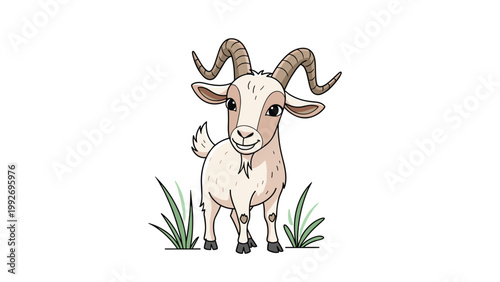 Friendly white goat with impressive curved horns stands calmly in a patch of green grass, looking forward with a gentle expression.