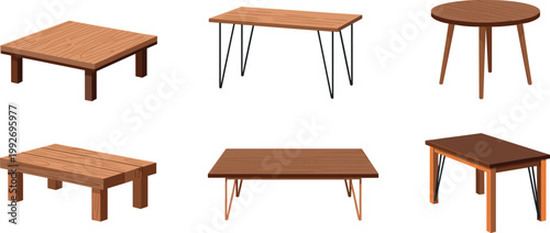 Wooden table vector set with modern and rustic furniture dining coffee tables interior design illustration collection isolated