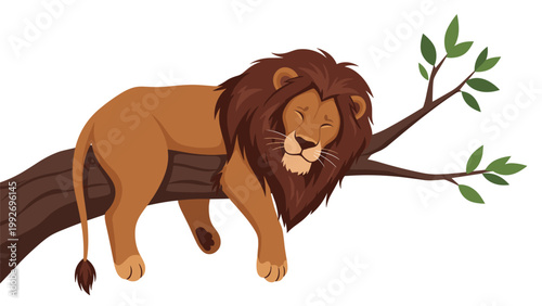 Large male lion with a thick brown mane is peacefully sleeping on a thick tree branch, showing a rare moment of rest in the wild.