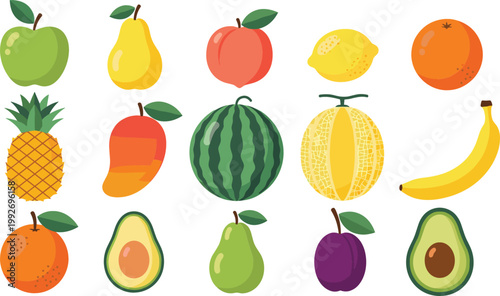 Set of Fresh Fruits Icons Including Apple, Banana, Watermelon, Pineapple, Avocado, Mango, Citrus, and Plum in Flat Style for Healthy Food Design and Nutrition Graphics