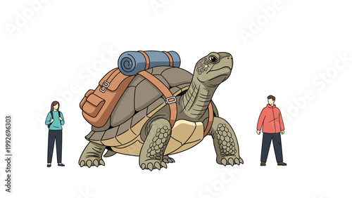 Massive tortoise carrying a large backpack and camping gear while standing between two hikers in a surreal adventure scene.
