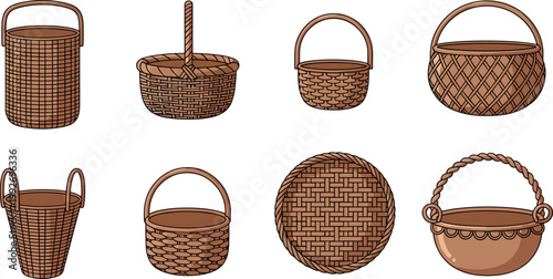 Wicker basket vector set with handmade woven containers rustic storage picnic and household illustration collection isolated