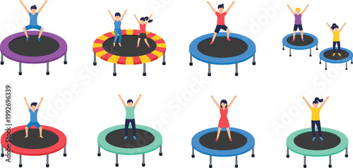 Set of People Jumping on Trampolines in Different Poses for Fitness, Fun Activity, Kids Recreation, Exercise Training, and Healthy Lifestyle Illustration Design