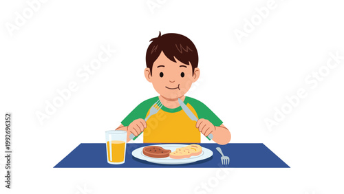 Young boy sitting at a table enjoying a nutritious breakfast with a glass of orange juice and a plate of toast and eggs.