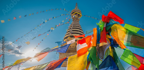 Photography Spiritual Sunset at Swayambhunath Stupa with Colorful Prayer Flags and Copy Spac