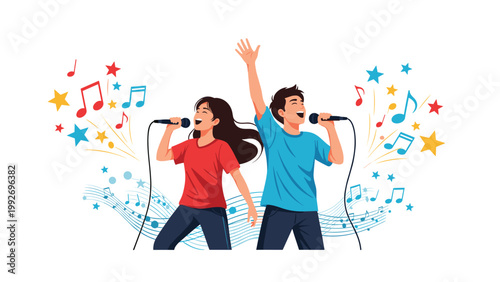 Enthusiastic young man and woman singing into microphones with musical notes and colorful stars exploding in the background.
