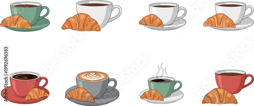 Coffee and croissant vector set with breakfast cups espresso latte cappuccino pastry cafe illustration collection isolated