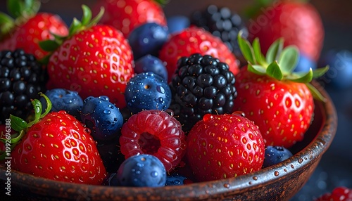 Close up of fresh mixed berries including strawberries, blueberries, raspberries and blackberries with water drops in a bowl