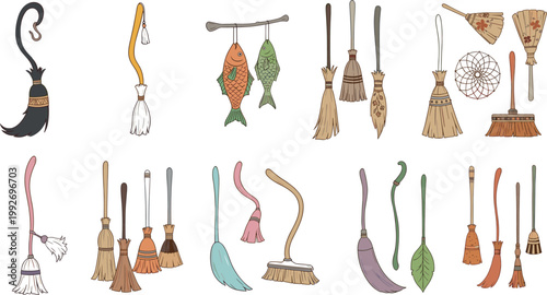 Hand drawn broom vector set with rustic cleaning tools traditional household sweep brushes vintage illustration collection isolated
