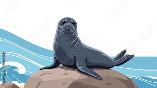 Grey harbor seal resting on a rock near splashing ocean waves with a beautiful coastal landscape in the background scene.