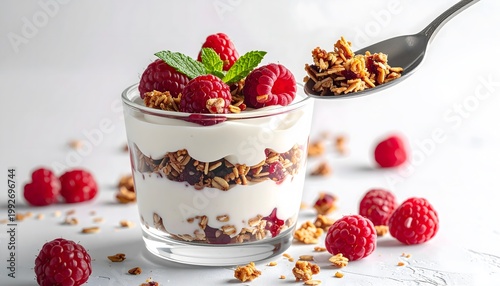 Greek yogurt parfait with layers of granola and fresh raspberries in a glass with a spoon