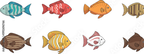 Hand drawn tropical fish vector set with detailed aquarium species marine life illustration collection isolated on white background