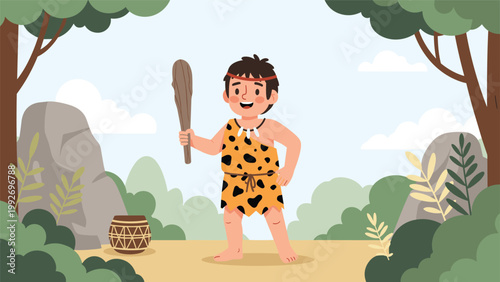 Happy caveman boy wearing a leopard skin outfit and holding a wooden club in a prehistoric forest landscape with rocks and trees.