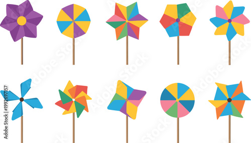 Colorful pinwheel toy vector collection with geometric wind spinners bright playful paper windmill designs isolated set