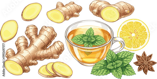 Set of Ginger Root, Herbal Tea Cup with Mint, Lemon Slice, and Spices for Natural Remedy, Healthy Drink, Organic Ingredients, and Wellness Illustration Design