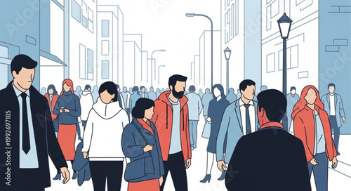 Diverse group of people walking on a busy city street illustration.