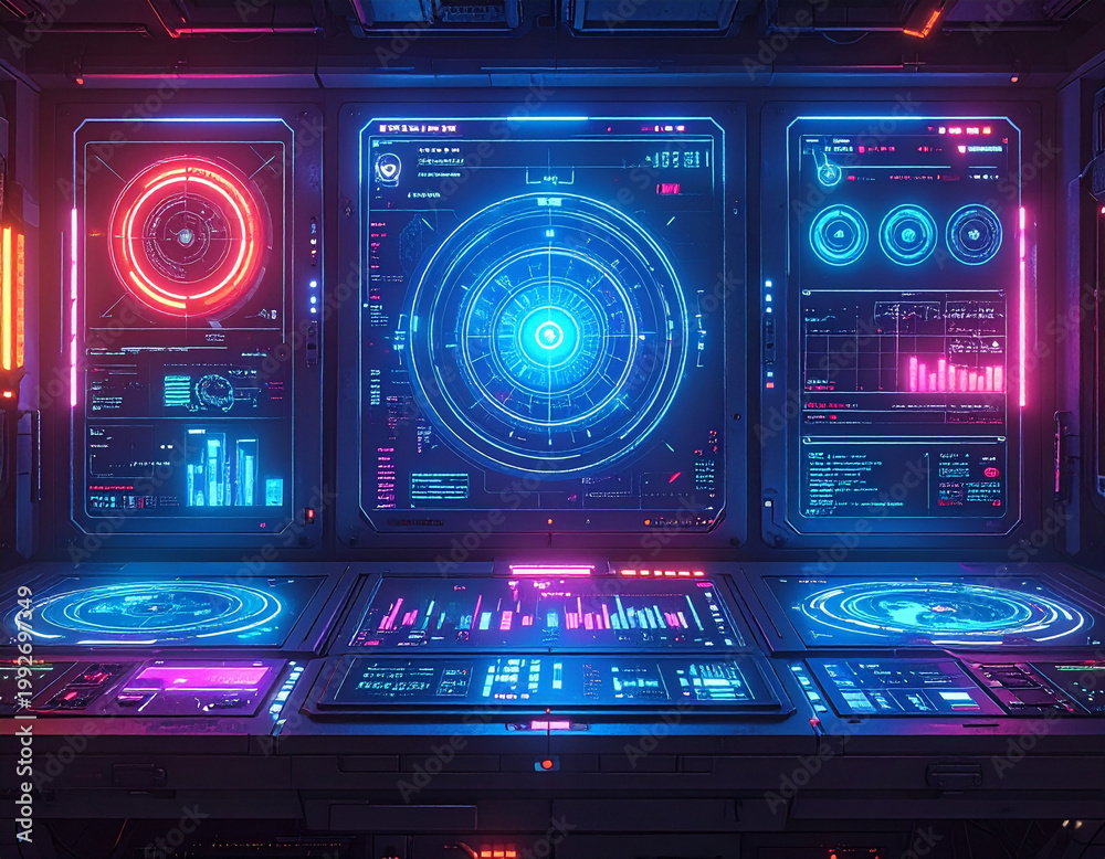 Obraz premium Futuristic digital control center with glowing neon interface.