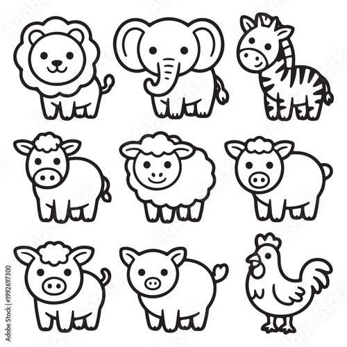 Cute Farm and Wild Animals Minimal Black and White Line Art Vector Set