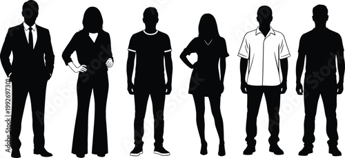Set of People Silhouettes Including Business Man, Woman, and Casual Characters in Different Poses for Social Diversity, Team Concept, and Human Figure Illustration