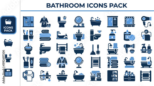 Editable bathroom icon pack, blue flat vector illustration isolated on white with copy space for interior planning