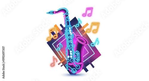 Against a clean white backdrop, a neon-style saxophone illustration evokes modern jazz festival visuals, complete with musical notes and geometric shapes in vibrant pink, blue, and yellow