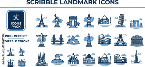 Editable world landmark icon pack, blue outline vector illustration isolated on white with copy space for tourism posters