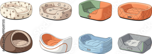 Pet bed vector collection with cozy dog and cat cushions soft sleeping nests modern animal furniture illustration set