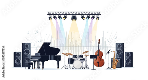 A vibrant illustration of a modern neon jazz festival visual featuring a piano, drums, saxophone, and double bass on a live concert stage, enhanced by colorful spotlights and speakers
