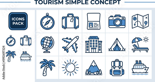 Editable tourism concept icon set, blue outline vector illustration isolated on white with copy space for travel marketing