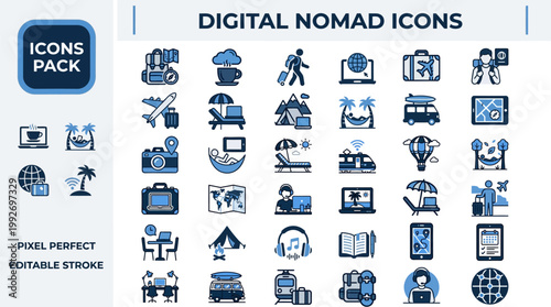 Editable digital nomad icon pack, blue outline vector illustration isolated on white with copy space for remote business