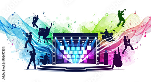 Vibrant modern neon jazz festival visuals come alive with silhouettes of musicians performing on a brightly lit live concert stage, surrounded by swirling musical notes and a retro vinyl