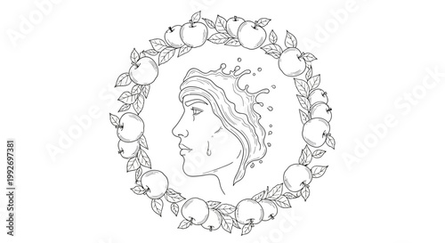 Sad Woman's Profile in Apple Wreath, Tears, Emotional Distress, Melancholy, Grief, Sadness