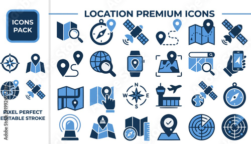 Editable navigation location icon pack, blue outline vector illustration isolated on white with copy space for map interface