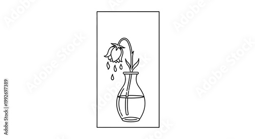 Sad wilting flower in vase with falling petals, concept of sadness, loss, and decay