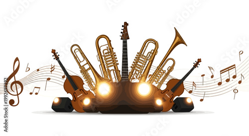 A vibrant, retro vinyl jazz aesthetics arrangement of musical instruments including stringed instruments and brass instruments is illuminated on a white background, evoking the atmosphere