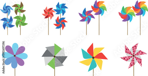 Colorful pinwheel vector set with playful wind spinners kids toy decorations bright rainbow paper windmill collection