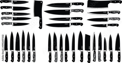 Set of Kitchen Knife Silhouettes Including Chef, Cleaver, and Utility Knives in Different Styles for Cooking Design, Culinary Tools, Restaurant Branding, and Food Preparation Graphics