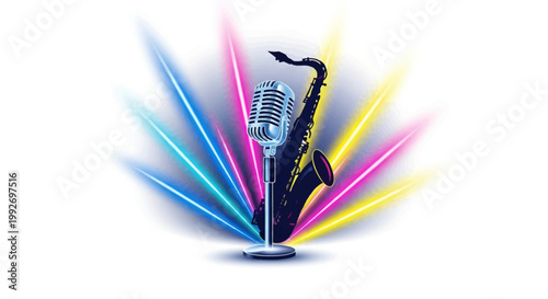 Retro vinyl jazz aesthetics are showcased with a saxophone and vintage microphone illuminated by vibrant neon lights in a modern jazz festival visual, set against a clean white background