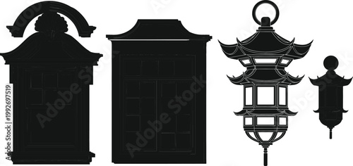 Set of Traditional Asian Lantern Silhouettes in Chinese and Japanese Styles for Cultural Decoration, Festival Design, Oriental Architecture Elements, and Vintage Vector Illustration