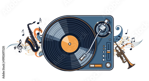 Overhead vector illustration of a retro vinyl record player with saxophone and trumpet accents, evoking the ambiance of live concert stage scenes and modern neon jazz festival visuals