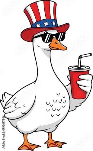 Funny Goose Wearing American Flag Hat and Sunglasses Holding Drink Cup Cartoon Illustration for Independence Day, Patriotic Celebration, Humor Design, and Festive Graphics