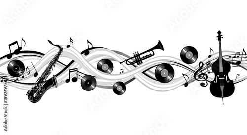 A modern neon jazz festival visual featuring a saxophone, trumpet, double bass, and vinyl records arranged in a musical composition with swirling lines and scattered musical notes