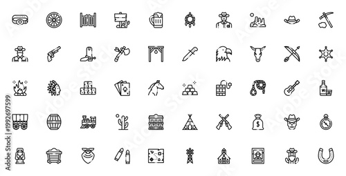 Wild West icon set. Vector illustration pack featuring cowboy, sheriff, desert, saloon, horse, gun, skull, gold, and more. Editable stroke line icons.