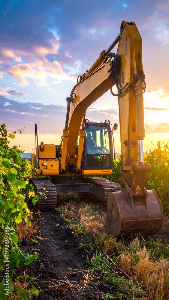 Obraz premium Yellow excavator sits in a field under a dramatic sunset, with grapevines visible