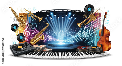 A vibrant modern neon jazz festival visual featuring a stage scene with musical instruments such as saxophones, trumpets, and a double bass, set against a backdrop of vinyl records
